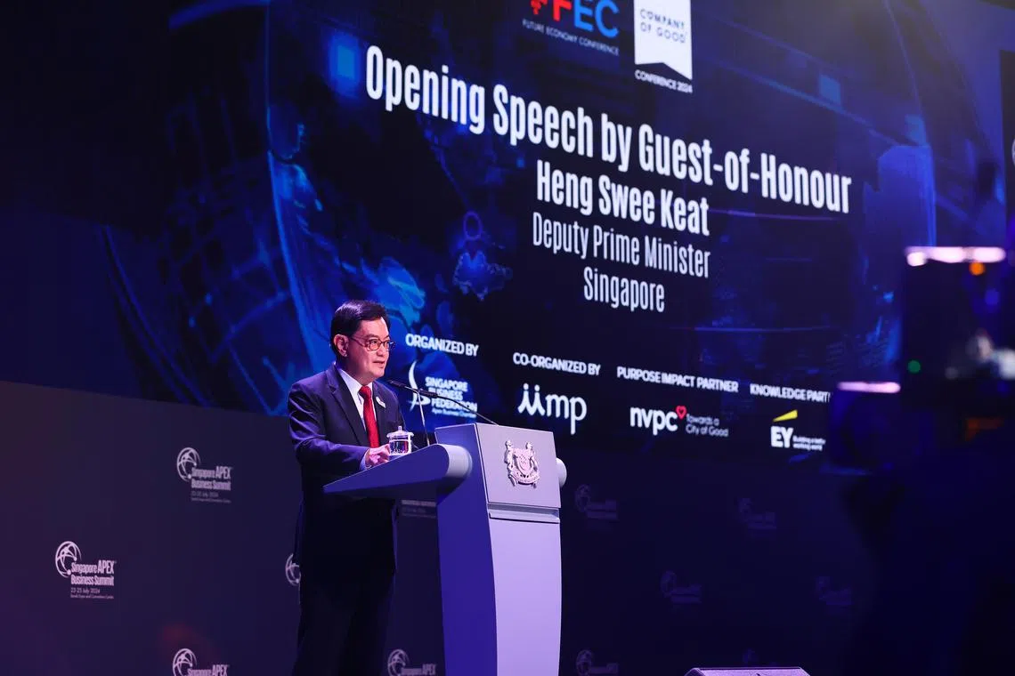 Deputy Prime Minister Heng Swee Keat delivers opening speech at the 2024 Singapore Apex Business Summit.

Credit: Singapore Apex Business Summit.