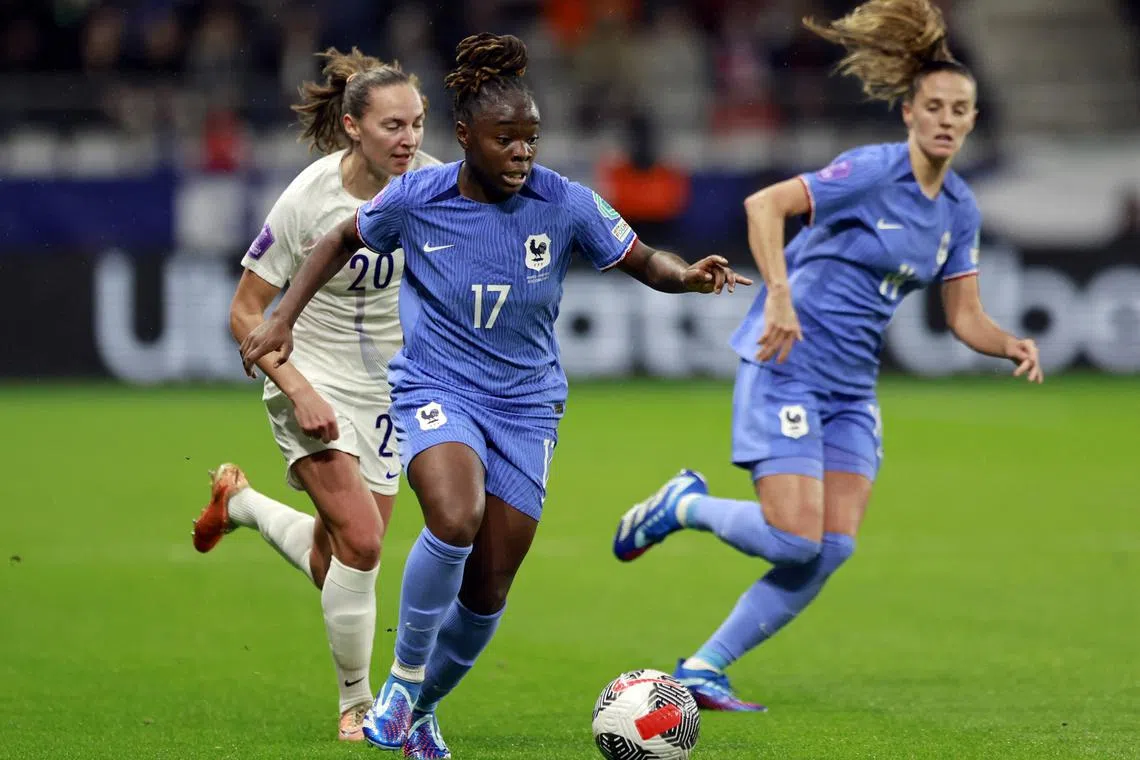 Soccer Football - UEFA Women's Nations League - Group B - France v Norway - Stade Auguste-Delaune, Reims, France - October 31, 2023 France's Sandy Baltimore in action with Norway's Marit Lund REUTERS/Pascal Rossignol/File Photo