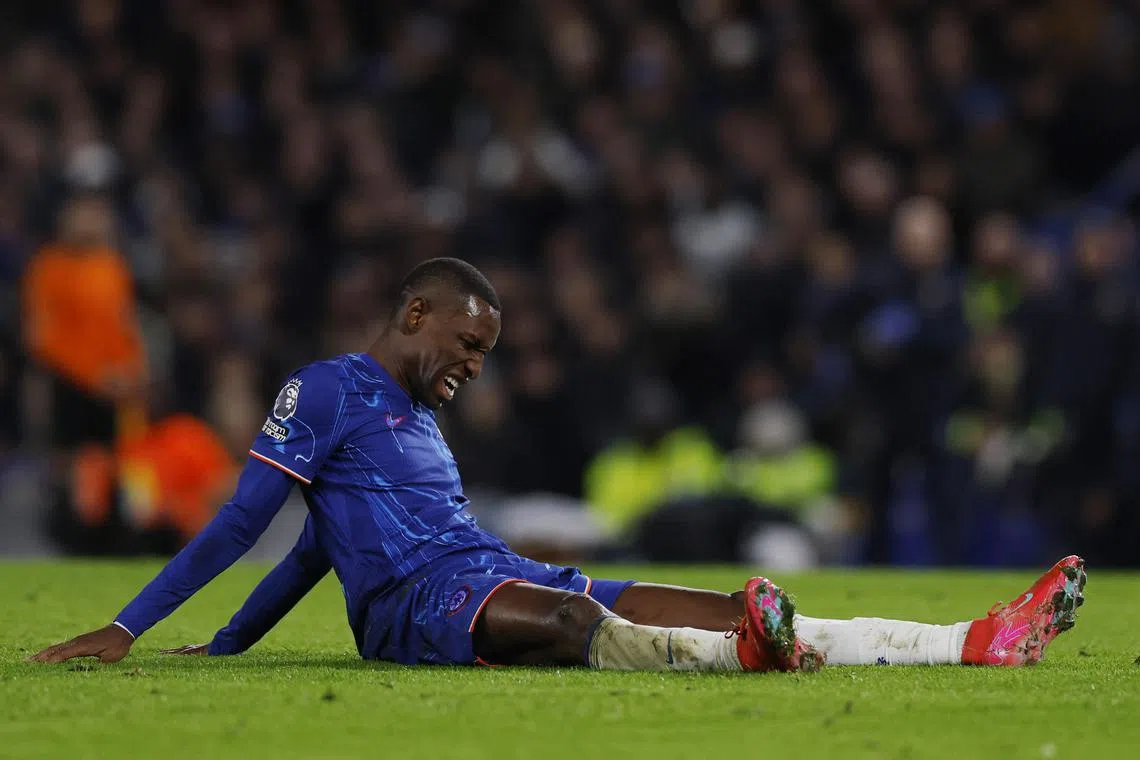 Chelsea's Nicolas Jackson reacting after sustaining an injury during the 2-1 English Premier League win over West Ham United at Stamford Bridge on Feb 3.