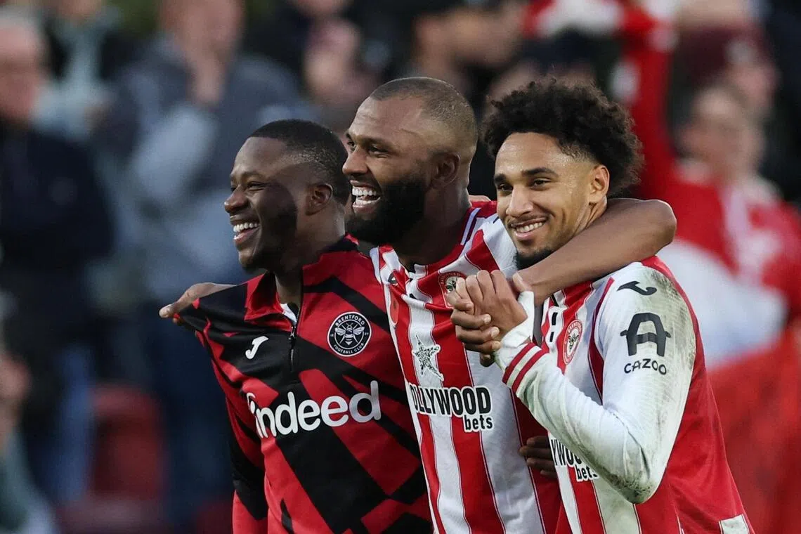 (From left) Brentford's Igor Thiago, Dango Ouattara and Kevin Schade celebrate after their 3-1 win over Newcastle United on Nov 9.