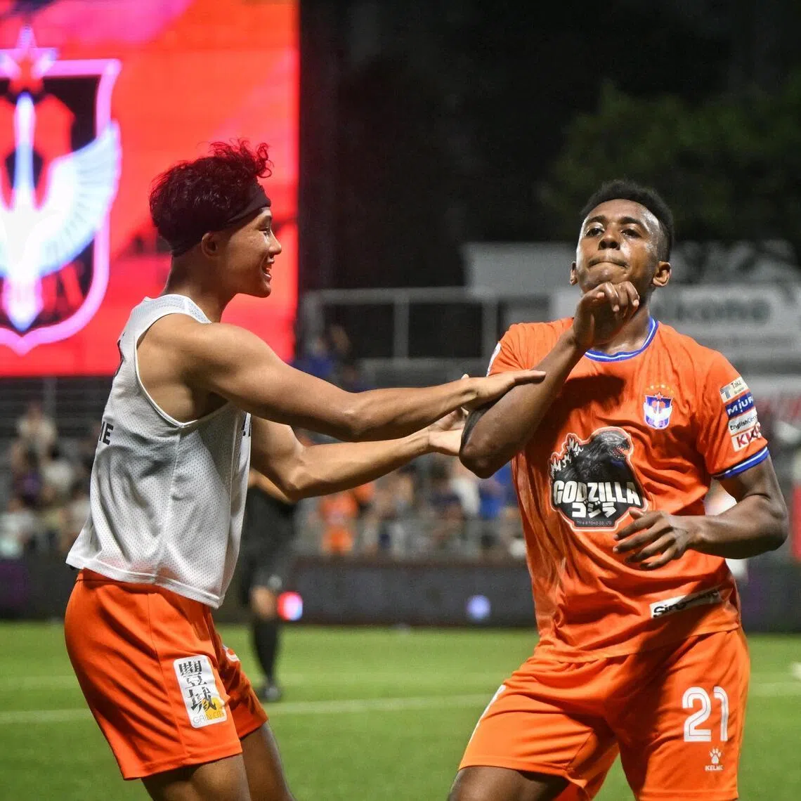 Abdul Rasaq celebrates after scoring the winning goal for Albirex Niigata against BG Tampines Rovers at the Jurong East Stadium on Apr 4, 2026.
