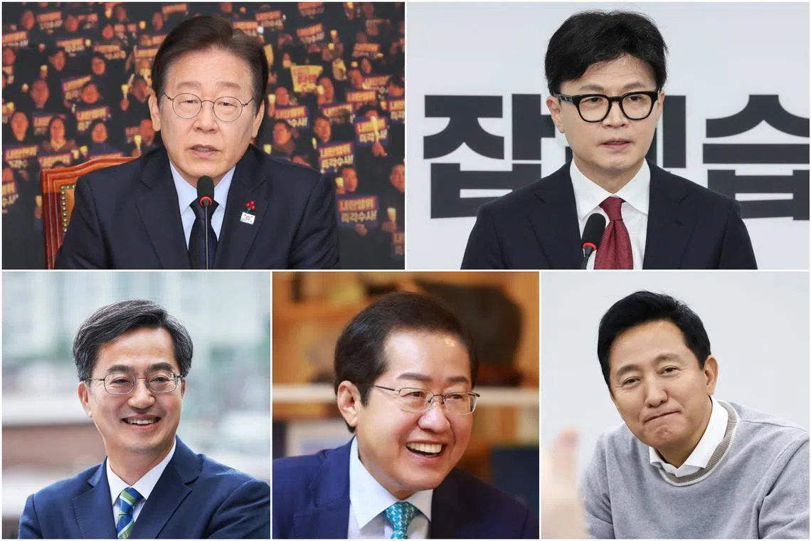 (Clockwise from top left) Mr Lee Jae-myung, Mr Han Dong-hoon, Mr Oh Se-hoon, Mr Hong Joon-pyo and Mr Kim Dong-yeon.