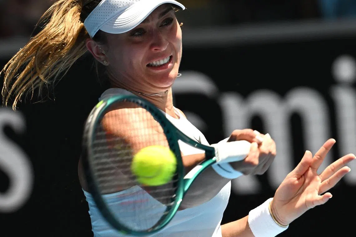Spain's Paula Badosa hitting a return during her 6-1, 7-6 (7-2) Australian Open fourth-round win over Serbia’s Olga Danilovic in Melbourne on Jan 19.