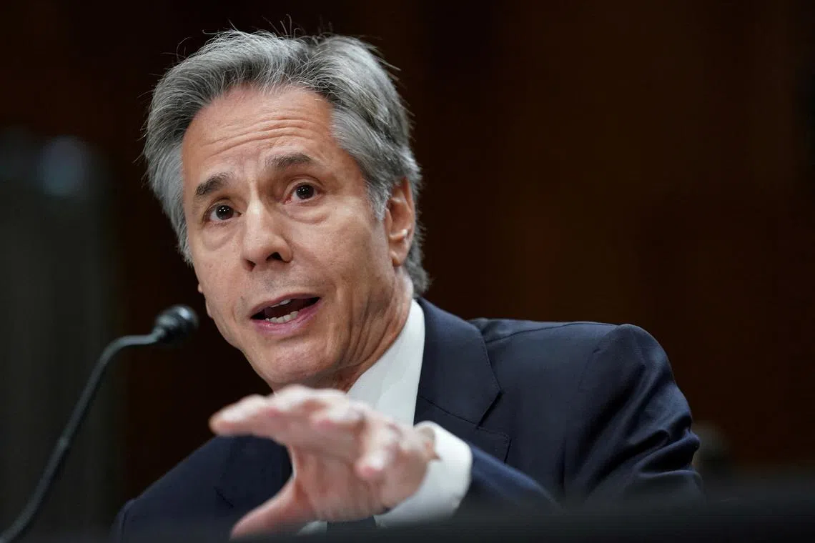 FILE PHOTO: U.S. Secretary of State Antony Blinken testifies before a Senate Foreign Relations Committee hearing on President Biden's proposed budget request for the Department of State, on Capitol Hill in Washington, U.S., May 21, 2024. REUTERS/Kevin Lamarque/File Photo
