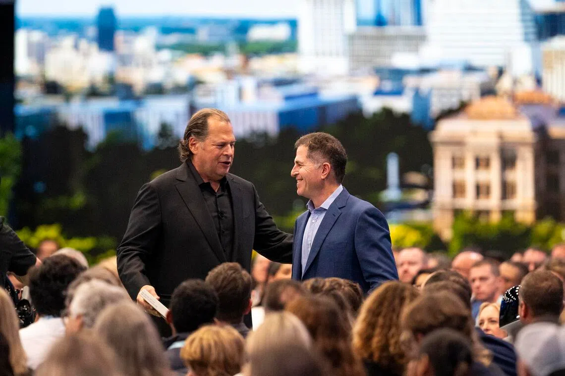 Salesforce CEO Marc Benioff (left) with Mr Michael Dell, CEO of Dell Technologies, a Salesforce customer, at Dreamforce 2025 in San Francisco.