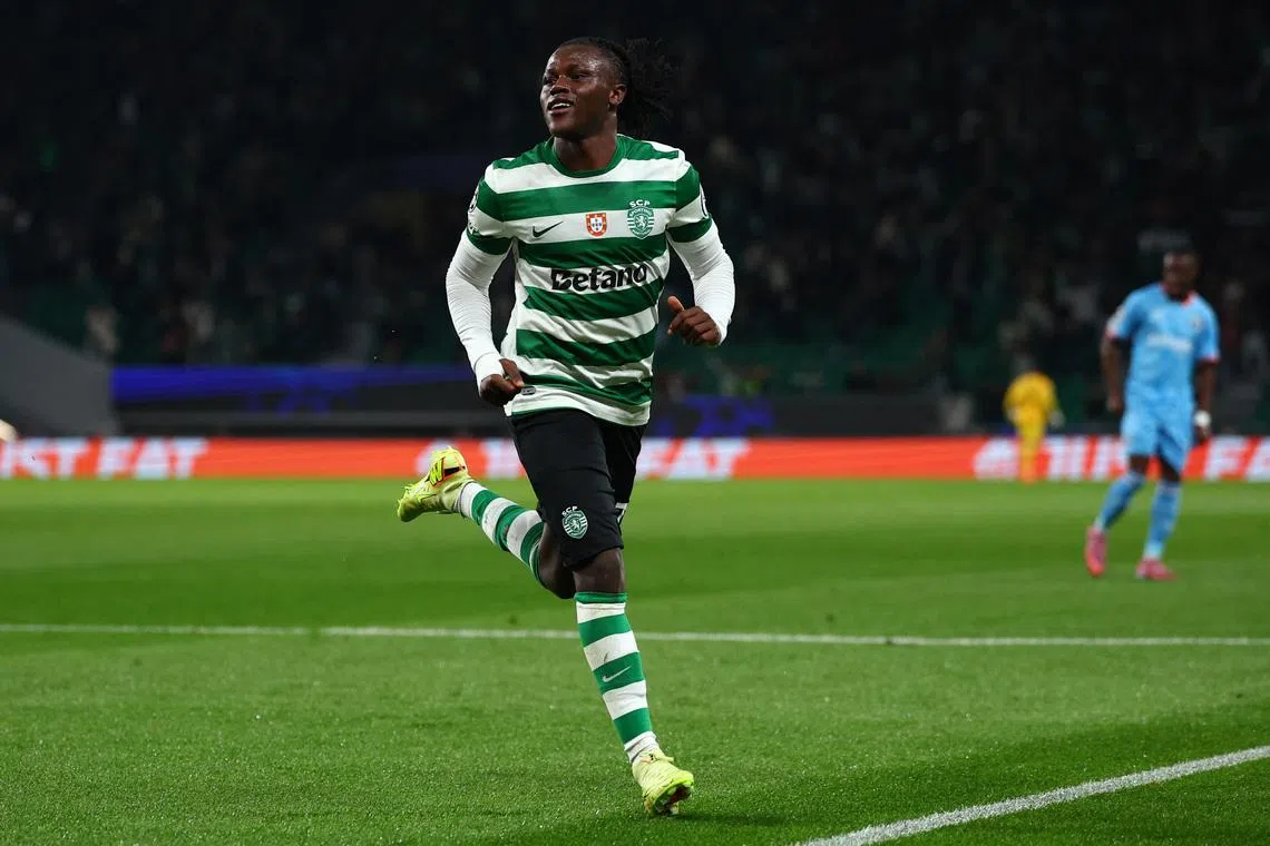 Soccer Football - UEFA Champions League - Sporting CP v Club Brugge - Estadio Jose Alvalade, Lisbon, Portugal - November 26, 2025 Sporting CP's Geovany Quenda celebrates scoring their first goal REUTERS/Pedro Nunes