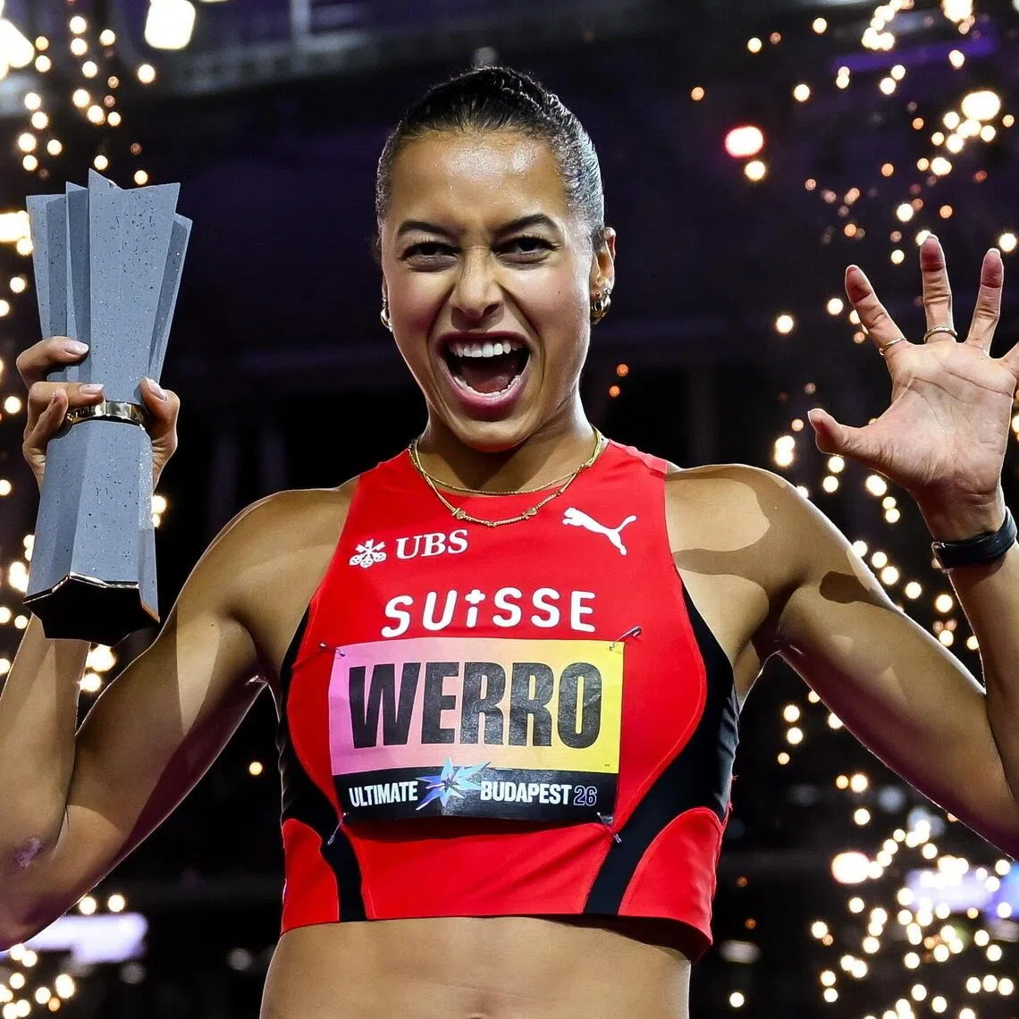 Switzerland’s Audrey Werro celebrates after winning the women’s 800m final at the World Athletics Ultimate Championship in Budapest.