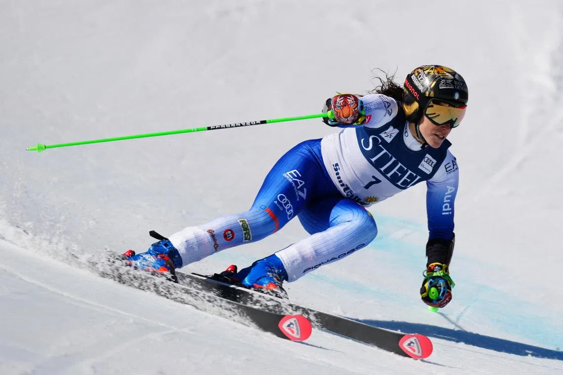Mar 25, 2025; Sun Valley, ID, USA; Federica Brignone of Italy in the second run of the women's giant slalom alpine skiing race in the 2025 FIS Ski World Cup at Sun Valley. Mandatory Credit: Christopher Creveling-Imagn Images