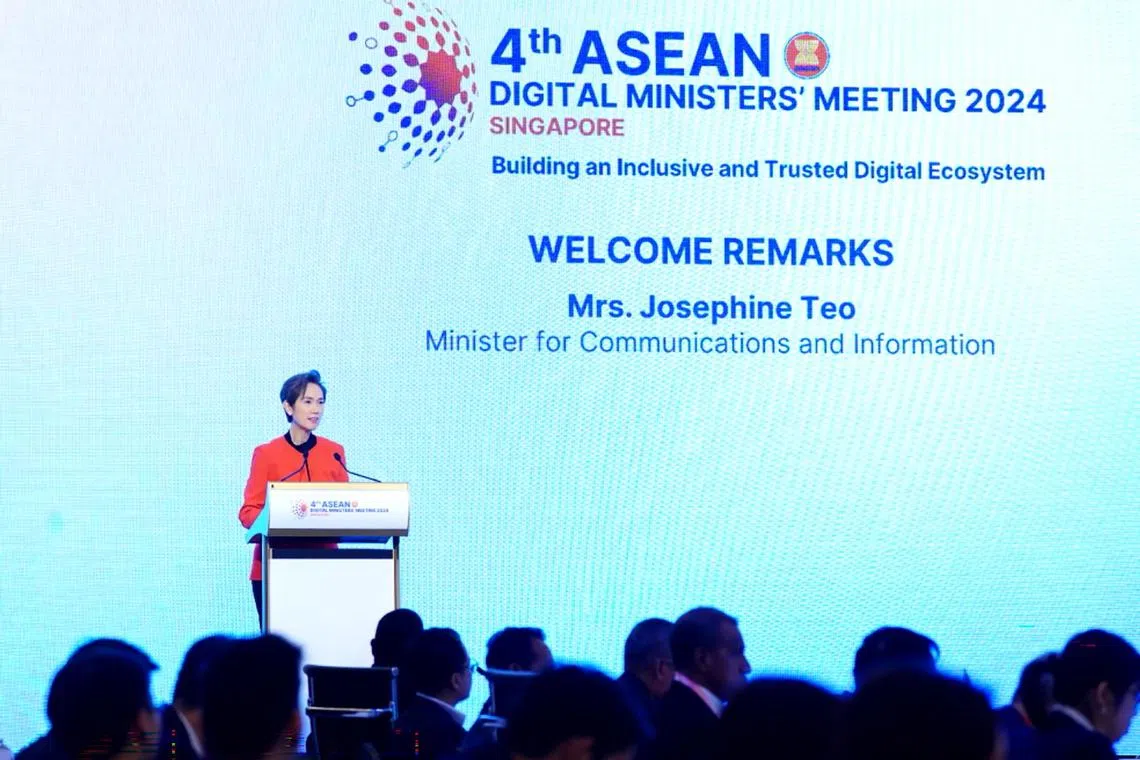 Communications and Information Minister Josephine Teo speaking at the fourth Asean Digital Ministers’ Meeting (ADGMIN), a conference among officials overseeing technology. 



Credit: MCI