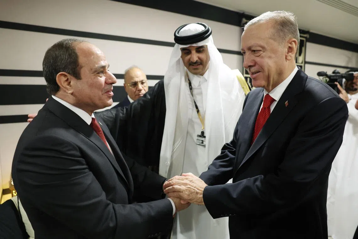 Turkish President Recep Tayyip Erdogan (right) shakes hands with Egyptian President Abdel Fattah el-Sisi.
