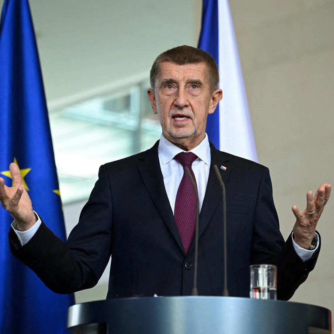 FILE PHOTO: Czech Prime Minister Andrej Babis speaks during a press conference, after bilateral talks with German Chancellor Friedrich Merz, in Berlin, Germany, March 10, 2026.  REUTERS/Annegret Hilse/File Photo
