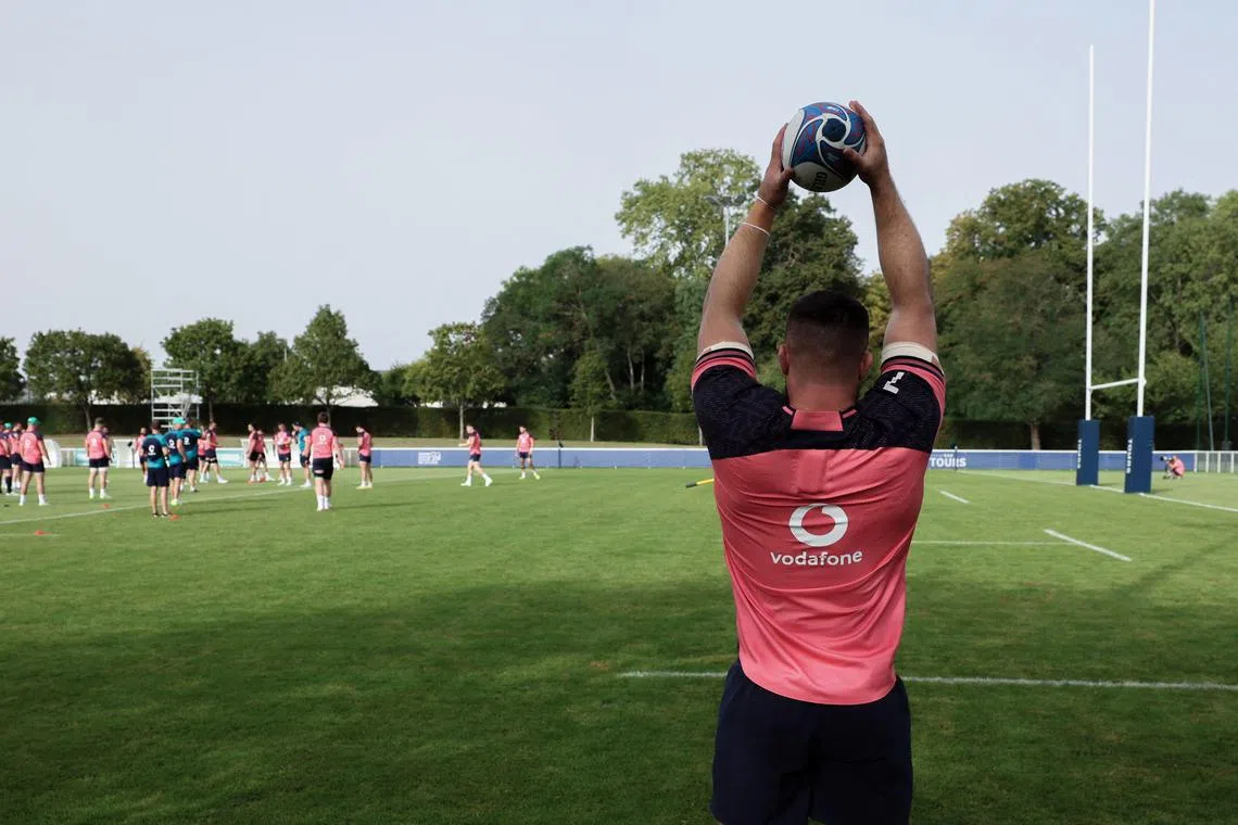 Ireland's players at a training session at the Chambrerie stadium in Tours, central France. 