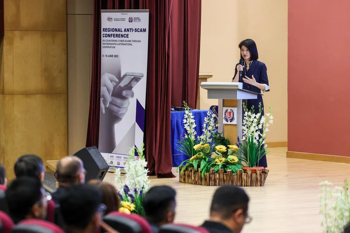 Regional Anti-Scam Conference 2023 [Police cantonment Complex A] Ms Sun Xueling, Minister of State, Ministry of Home Affairs & Ministry of Social and Family Development, and Chairperson for the Inter-Ministry Committee on Scams (IMCS), giving her opening remarks at the Regional Anti Scam Conference 2023 on June 13, 2023