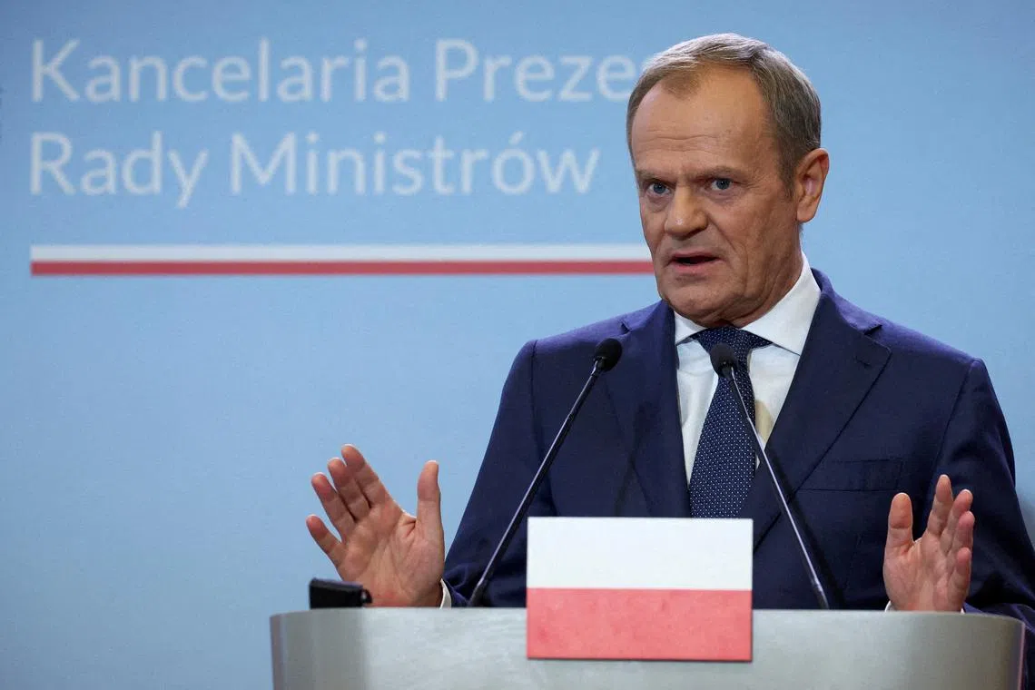 FILE PHOTO: Polish Prime Minister Donald Tusk looks on during a press conference with Danish Prime Minister Mette Frederiksen in Warsaw, Poland, April 15, 2024. REUTERS/Kacper Pempel/File Photo