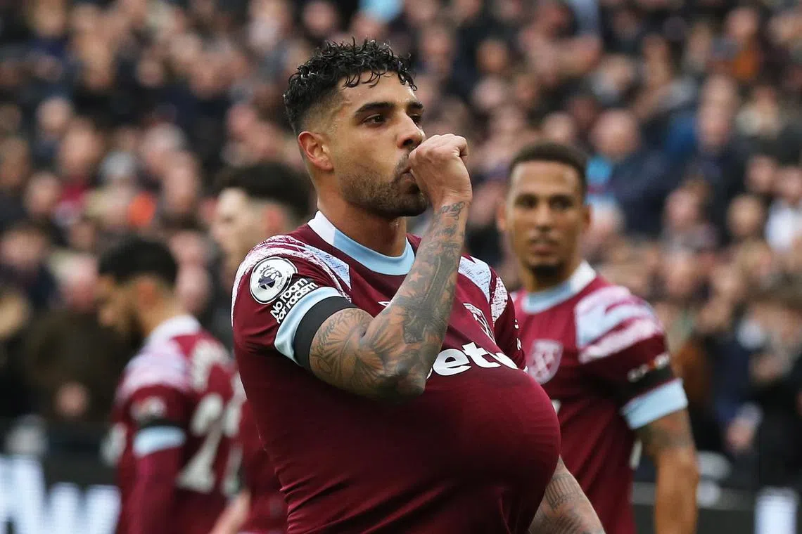 Emerson of West Ham celebrates after scoring in the 1-1 Premier League draw against Chelsea.