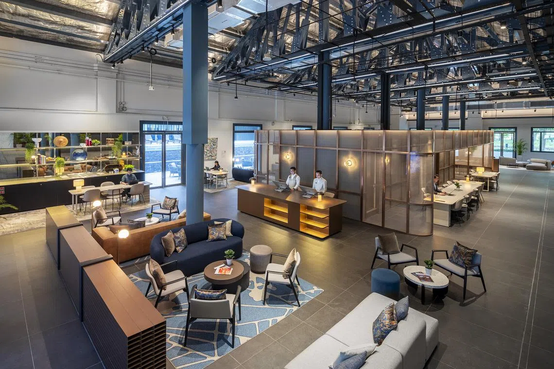 The reception and lounge area for guests in a conserved godown at Fraser Residence River Promenade serviced residences in Jiak Kim Street was the popular disco, Zouk for 25-years until 2016. 