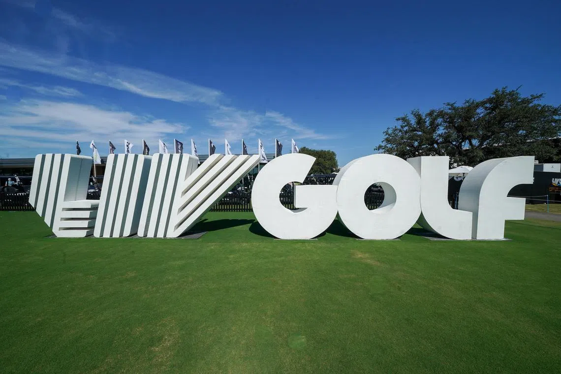 FILE PHOTO: Jun 28, 2025; Carrollton, Texas, USA; The LIV Golf logo near the first tee during the second round of the LIV Golf Dallas golf tournament at Maridoe Golf Club. Mandatory Credit: Raymond Carlin III-Imagn Images/File Photo