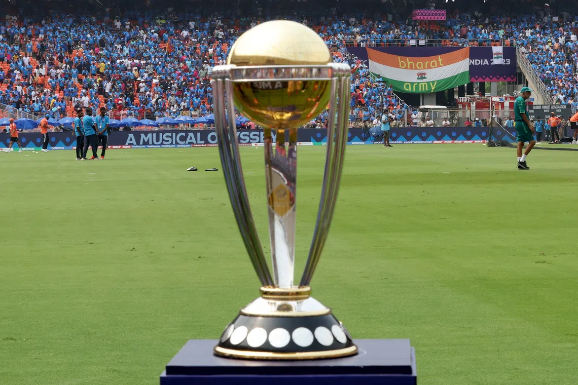Cricket - ICC Cricket World Cup 2023 - India v Pakistan - Narendra Modi Stadium, Ahmedabad, India - October 14, 2023 The ICC Cricket World Cup trophy is pictured inside the stadium before the match REUTERS/Amit Dave
