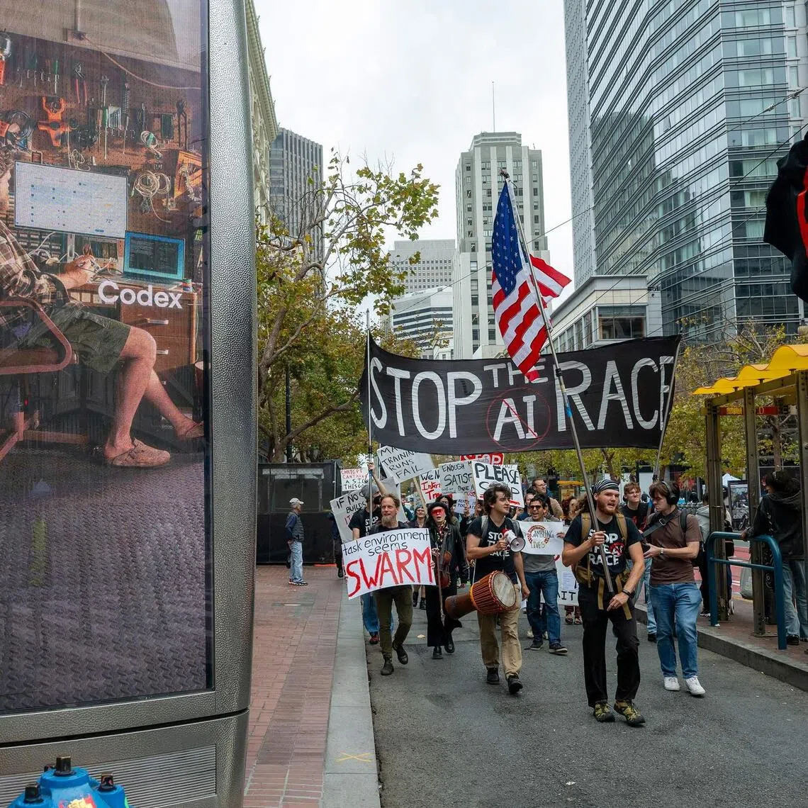 Protesters during a “Stop the AI Race” demonstration calling for a slowdown in the development of advanced artificial intelligence systems in San Francisco, California, on Sept 17.
