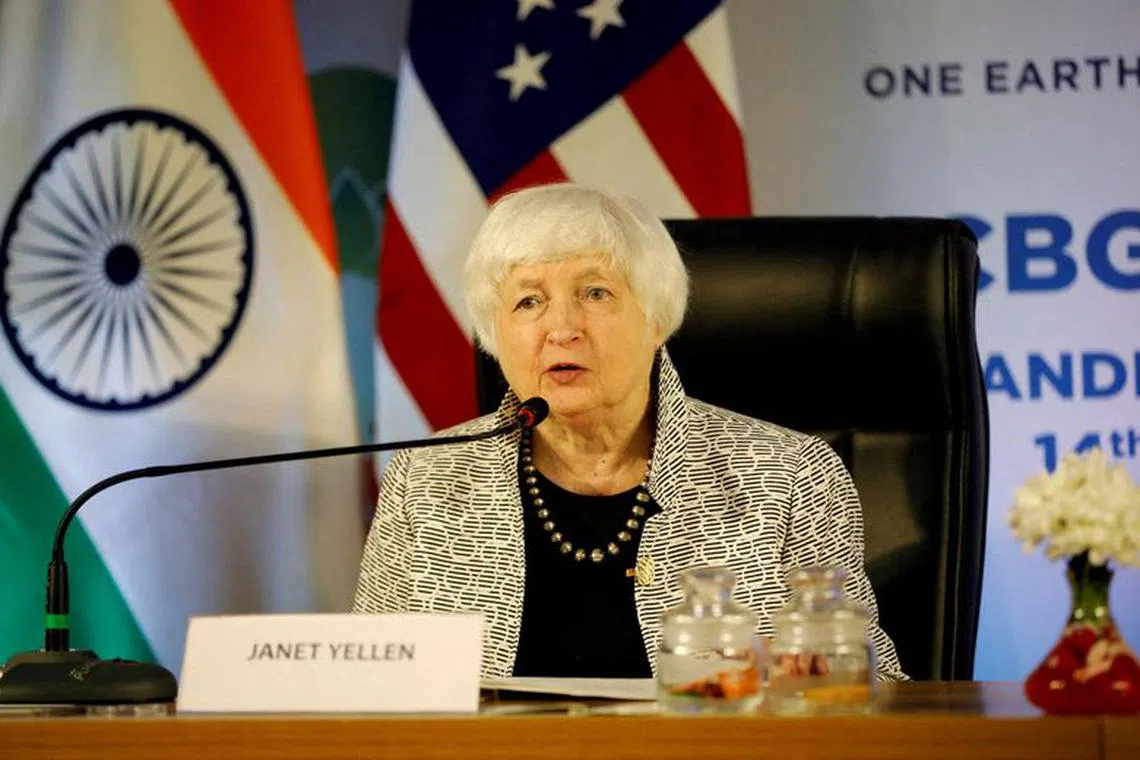 FILE PHOTO: U.S. Treasury Secretary Janet Yellen addresses the media, along with Indian Finance Minister Nirmala Sitharaman, on the sidelines of a G20 meeting at Gandhinagar, India, July 17, 2023. REUTERS/Amit Dave/File Photo