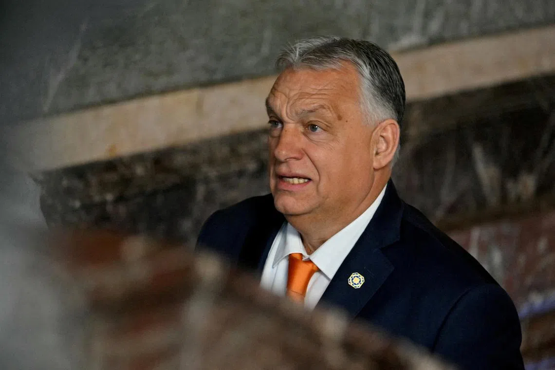 FILE PHOTO: Hungary's Prime Minister Viktor Orban arrives for an informal EU leaders' retreat at the Palais d'Egmont in Brussels, Belgium on February 3, 2025.     NICOLAS TUCAT/Pool via REUTERS/File Photo