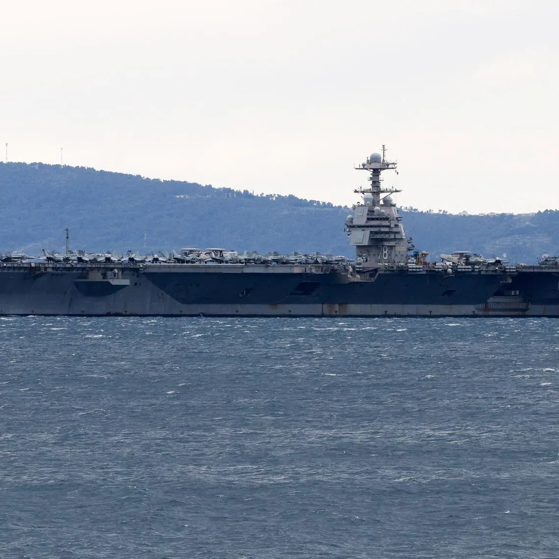 US aircraft carrier Gerald R. Ford in front of Croatia’s Adriatic port of Split on March 28. A non-combat fire broke out in its main laundry room on March 12, injuring three sailors.