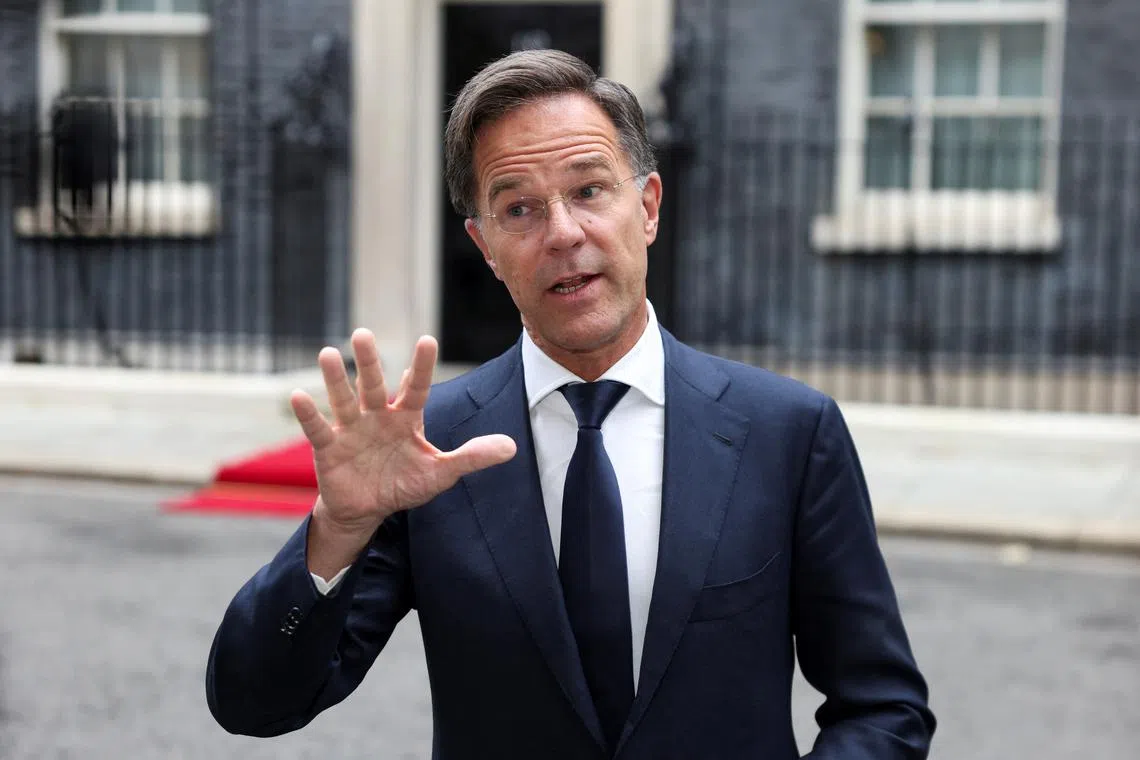 NATO Secretary General Mark Rutte speaks to the media outside 10 Downing Street in London, Britain, October 10, 2024. REUTERS/Hollie Adams