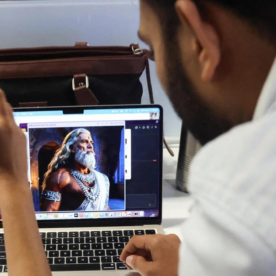 Employees discuss a character from the AI-generated series "Mahabharat" seen on a laptop screen at Galleri5, the tech studio arm of Collective Artists Network, at its office in Bengaluru, India, November 26, 2025.