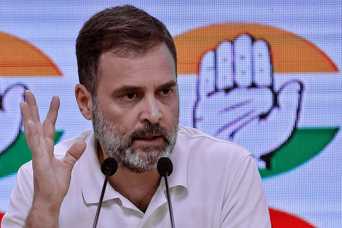 FILE PHOTO: Rahul Gandhi, a senior leader of India's main opposition Congress party, addresses the media in New Delhi, India, August 11, 2023. REUTERS/Altaf Hussain