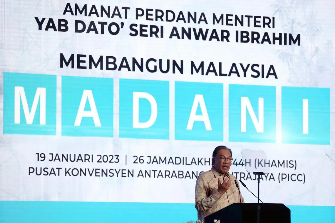 PUTRAJAYA (fdanwar19)

Prime Minister Anwar Ibrahim on Thursday launched a new slogan for his administration, called the Madani Nation, which he said is aimed at bringing Malaysia forward. Anwar said the concept’s main core are the principles of accountability and transparency, and promised to help every Malaysian regardless of ethnicity. The slogan followed those introduced by previous PMs including Keluarga Malaysia (Malaysian Family) by Datuk Seri Ismail Sabri, and 1Malaysia by Najib Razak. 573w (L)