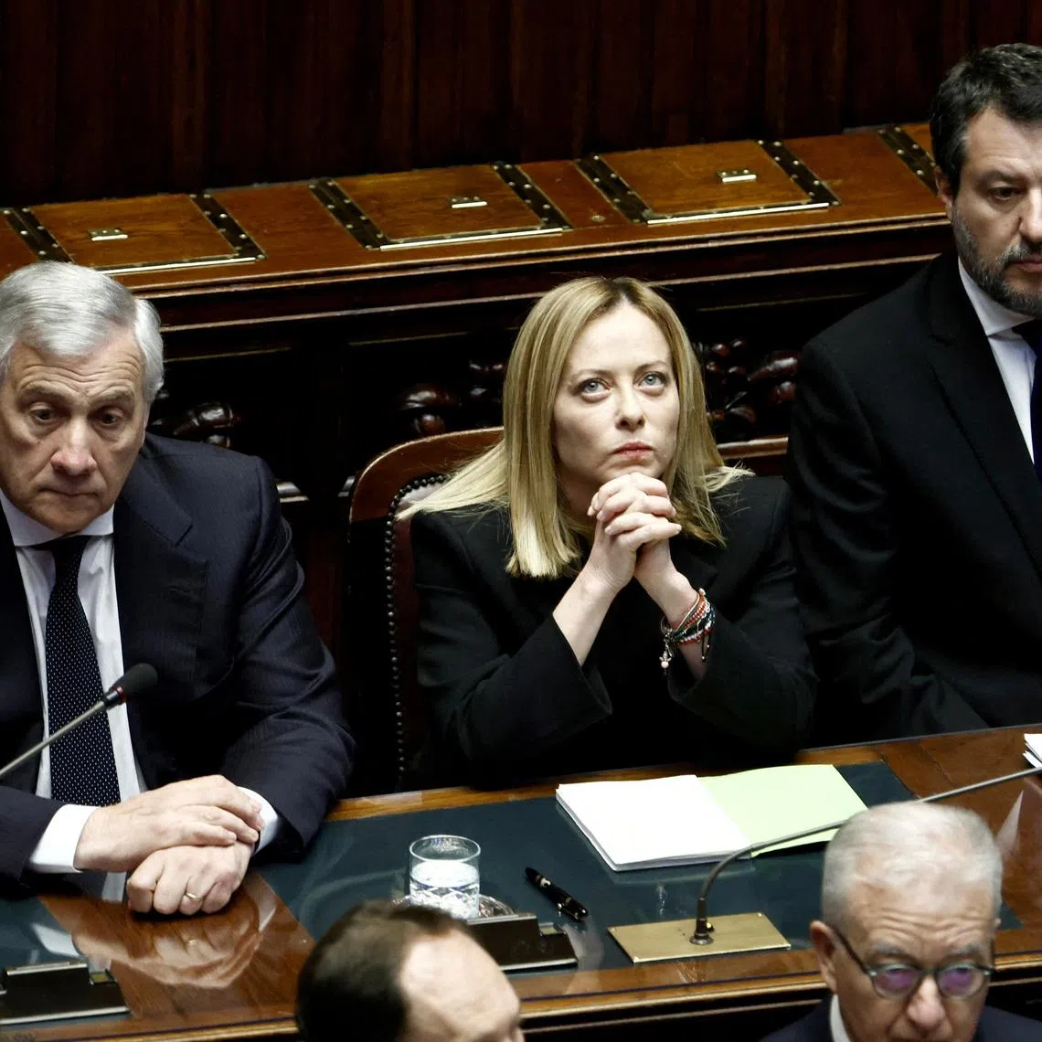 FILE PHOTO: Italian Prime Minister Giorgia Meloni, Foreign Minister Antonio Tajani, Deputy Prime Minister Matteo Salvini and members of the Parliament attend a commemoration for Pope Francis during a joint session of the Italian parliament in Rome, Italy, April 23, 2025. REUTERS/Matteo Minnella/File Photo
