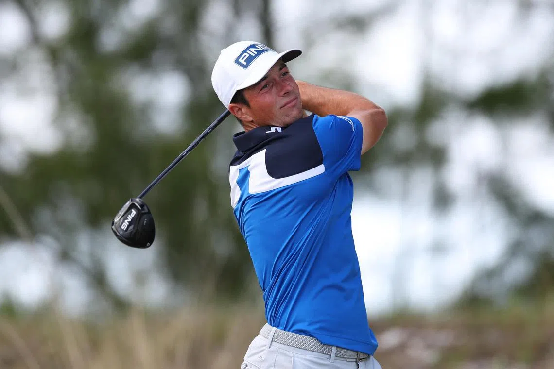 Viktor Hovland of Norway plays his shot from the 10th tee during the third round of the Hero World Challenge.