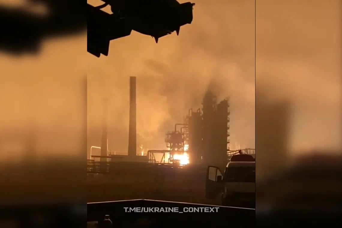 A screenshot from a video posted online that is said to show the aftermath of an attack on a refinery in Russia's Ryazan region.