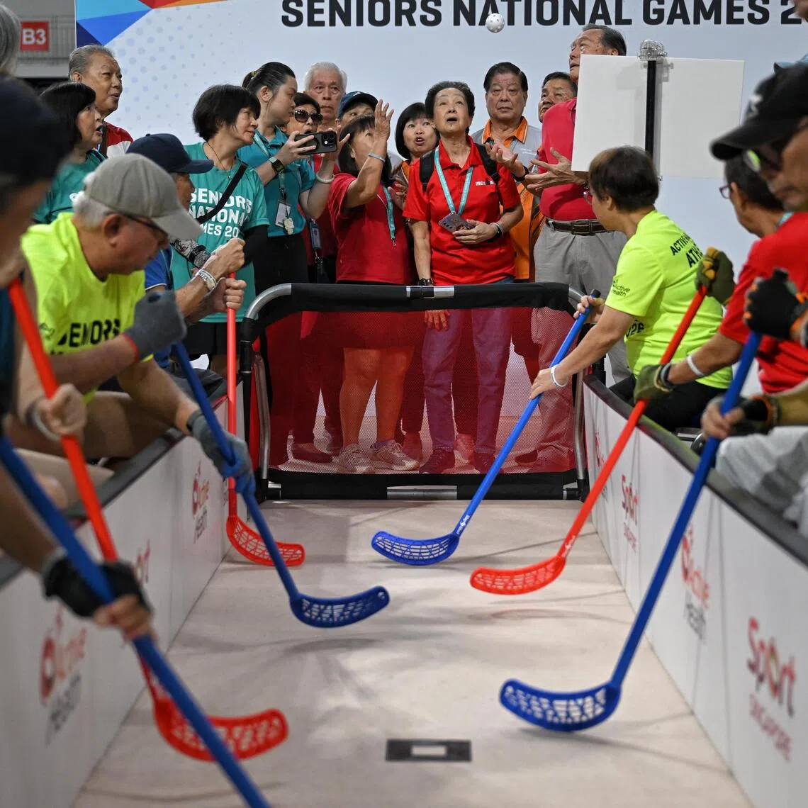 The finals of the seated floor ball segment at the 2026 Seniors National Games, held at the OCBC Arena on Aug 4.