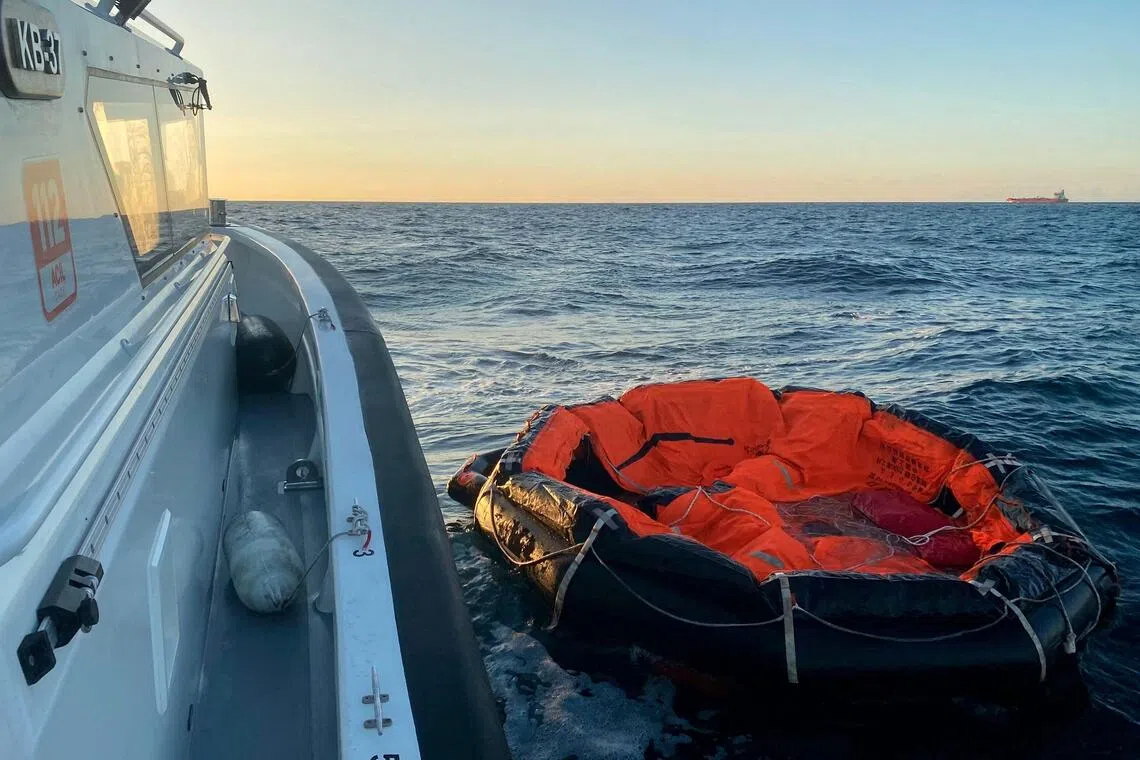 A Turkish Coast Guard ship during a search for crew members around the ALSU oil tanker after it collided with another ship near Silivri in the Sea of Marmara, off Istanbul.