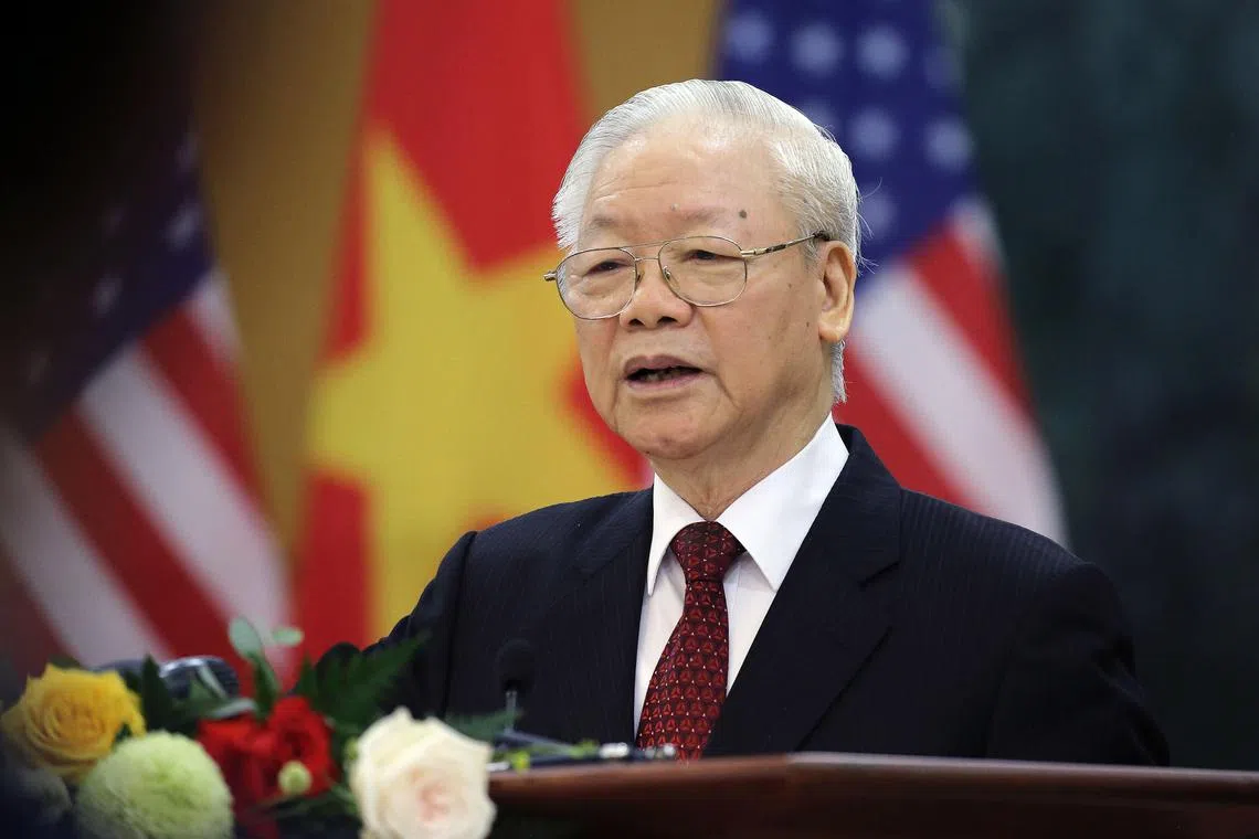 epa11487274 (FILE) - Vietnamese General Secretary of the Communist Party Nguyen Phu Trong delivers a speech during a press briefing after a meeting with US President Biden in Hanoi, Vietnam, 10 September 2023 (resissued 19 July 2024). According to Vietnam's Central Council for the Protection of the Health of Officials, General Secretary Nguyen Phu Trong, died in Hanoi on 19 July 2024 at the age 80.  EPA-EFE/LUONG THAI LINH / POOL