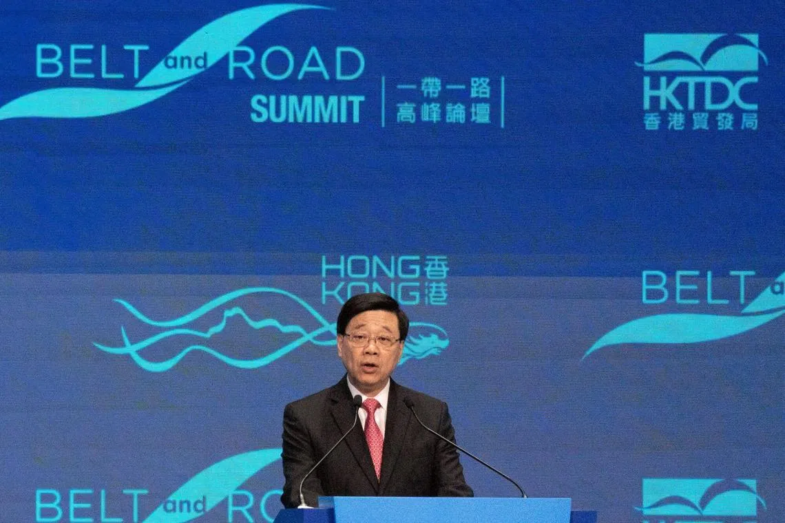 John Lee, Hong Kong's chief executive, during the Belt and Road Summit in Hong Kong, China, on Wednesday, Sept. 11, 2024. The summit runs through Sept. 12. Photographer: Bertha Wang/Bloomberg