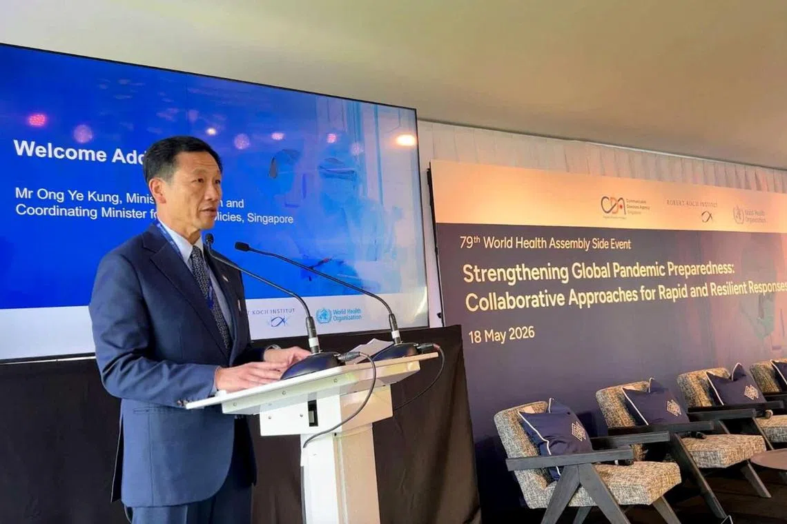 Minister for Health Ong Ye Kung speaking on global pandemic preparedness and response at an event held on the sidelines of  the 79th World Health Assembly in Geneva, Switzerland, organised by the Communicable Diseases Agency Singapore (CDA), Robert Koch Institute (RKI), and the World Health Organization.