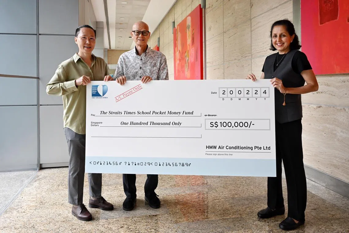 ST20240220_202413452594 Kua Chee Siong/ gymoneyfund20/ In commemoration of HMW Air Conditioning Pte Ltd's 20th anniversary this year, Mr Ho Mun Weng and Ms Ng Ai Yen, the directors of the company, decided to donate $100,000 to The Straits Times School Pocket Money Fund. 
A mock cheque is presented to news editor Karamjit Kaur, at SPH News Centre on Feb 20, 2024.