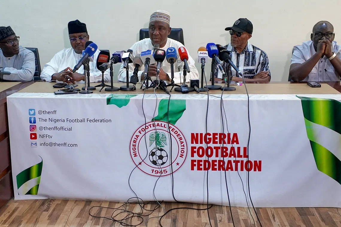 Nigeria Football Federation (NFF) President Ibrahim Musa Gusau speaks at a press conference where he announced his resignation, along with the federation's general secretary and executive committee members, at the NFF Secretariat in Abuja, Nigeria, August 27, 2026. REUTERS/Greg Terlumun