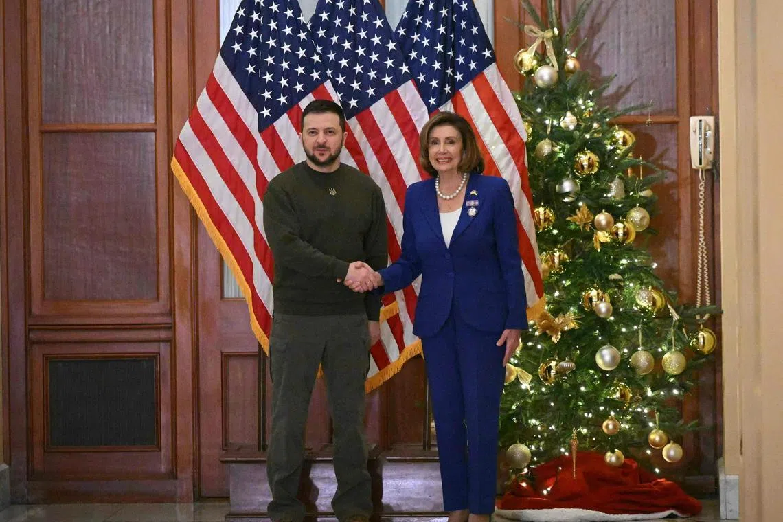 US Speaker of the House Nancy Pelosi (right) meeting Ukraine President Volodymyr Zelensky at the US Capitol in Washington DC on Dec 21, 2022. 