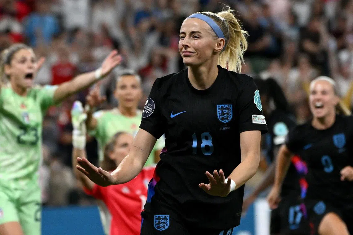 England forward Chloe Kelly celebrates after scoring against Italy in the Euro 2025 semi-finals.