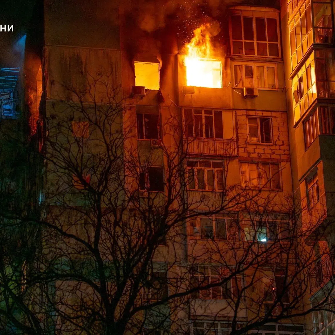 An apartment building damaged by a Russian drone strike, amid Russia's attack on Ukraine, in Odesa, Ukraine, in this handout picture released May 1, 2026. Press service of the State Emergency Service of Ukraine in Odesa region/Handout via REUTERS
