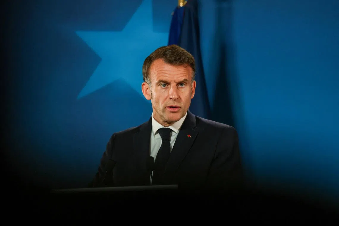 French President Emmanuel Macron speaks to the media following a European Union leaders'summit in Brussels, Belgium, June 19, 2026. REUTERS/Laia Ros