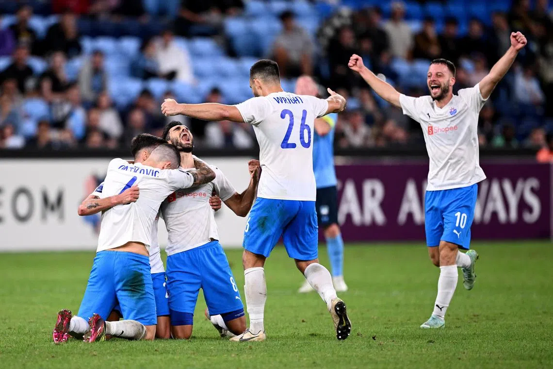 ion City Sailors players celebrate their passage to the grand final following the AFC Asian Champions League Two match between Sydney FC and the Lion City Sailors at Allianz Stadium in Sydney, Australia, 16 April 2025. Lion City Sailors won 2-1 on aggregate.  EPA-EFE/DAN HIMBRECHTS  AUSTRALIA AND NEW ZEALAND OUT