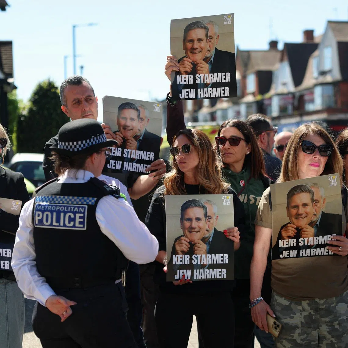 Protesters in the Golders Green area of London, which is home to a large Jewish population, on April 30.