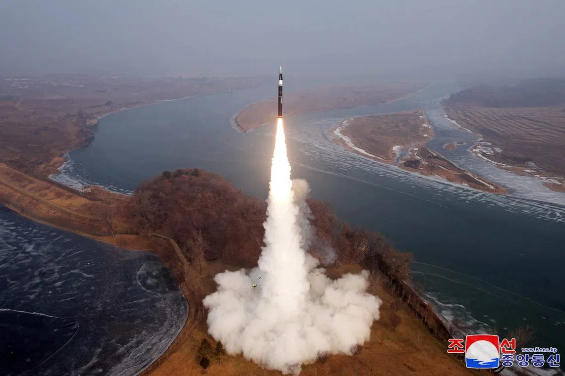 A missile flies during what state media KCNA says is a test of a new intermediate-range hypersonic ballistic missile at an undisclosed location January 6, 2025, in this photo released on January 7, 2025 by North Korea's official Korean Central News Agency.   KCNA via REUTERS
