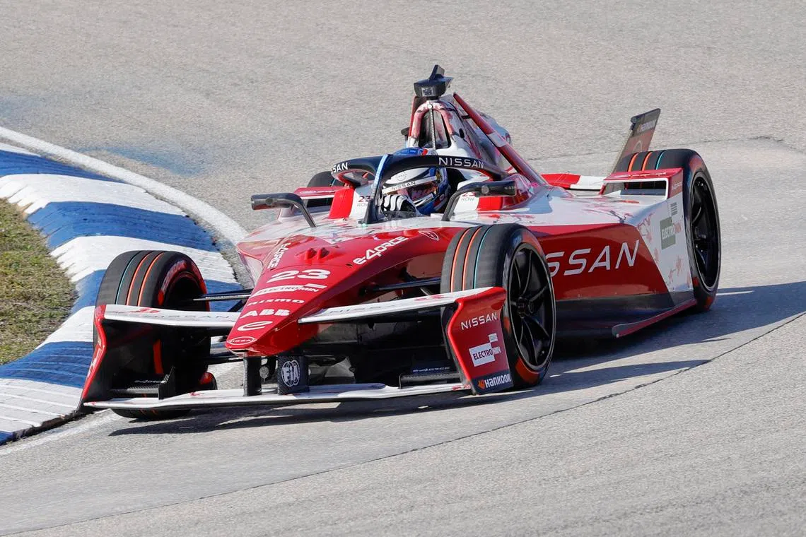 FILE PHOTO: Apr 12, 2025; Miami, Florida, USA;   Oliver Rowland of Team Nissan enters turn four during qualifying for the ABB Formula E Series race at the Homestead Motor Speedway Mandatory Credit: Reinhold Matay-Imagn Images/File Photo