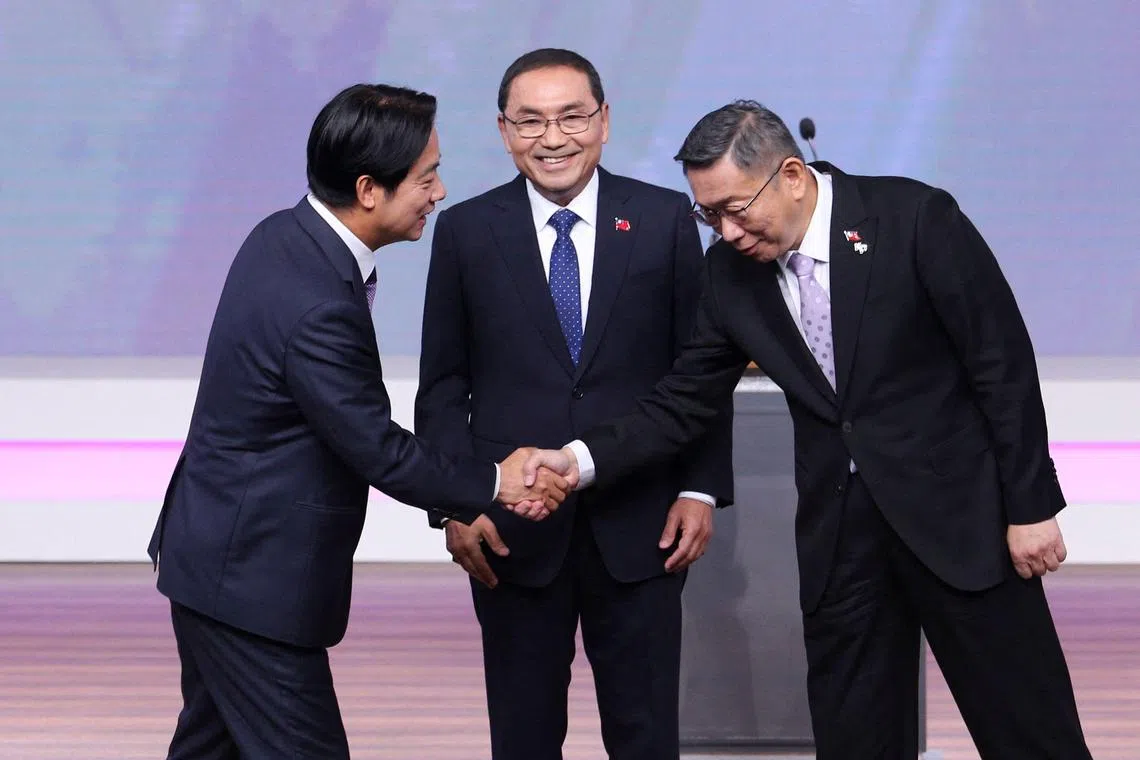 (From left) Taiwanese Vice-President Lai Ching-te and fellow presidential candidates, Mr Hou Yu-ih from the Kuomintang and Dr Ko Wen-je from the Taiwan People's Party, at a pre-election debate on Dec 30.