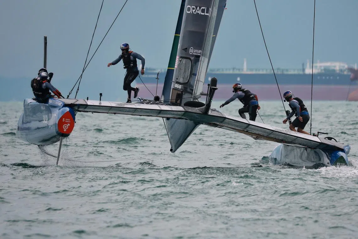 The United States SailGP team in action during a practice race at East Coast Park ahead of the Jan 14-15 Singapore Sail Grand Prix.